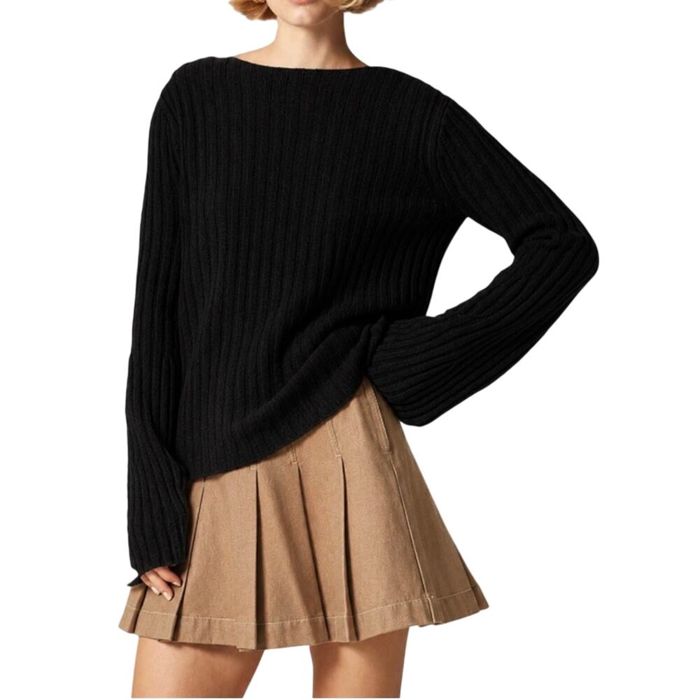 J.Crew Black Ribbed Boatneck Wool Sweater Flare Sleeve Top M